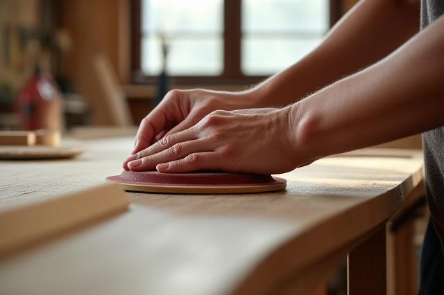 Artisan hand-sanding a bespoke wooden vanity in a sunlit workshop
