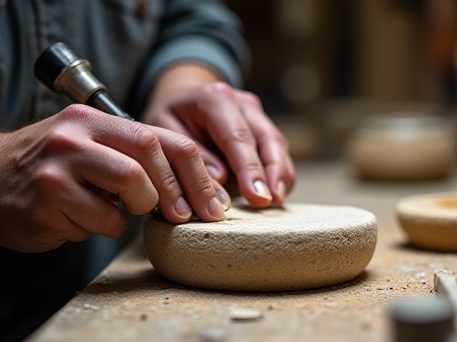 Artisan's hands meticulously working on a piece of stone in a workshop