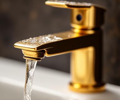 Close-up of elegant, polished brassware faucet and tap set